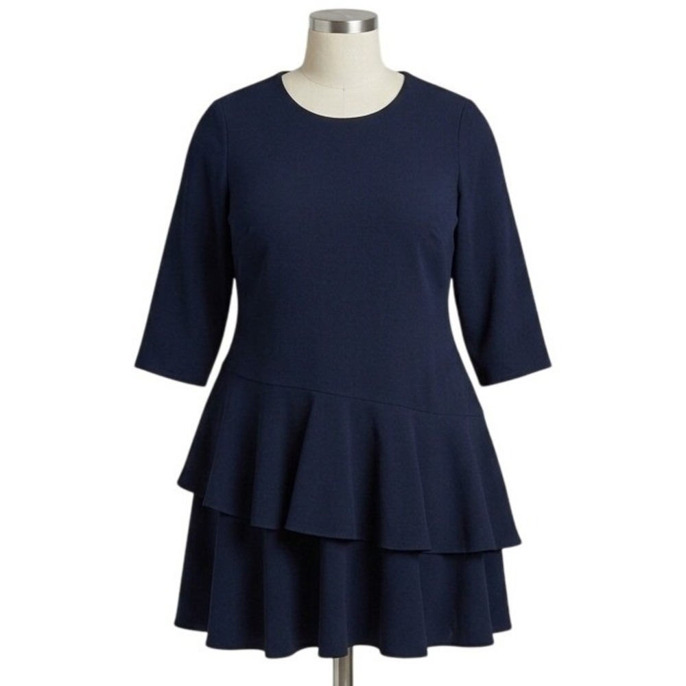 Eliza J Tiered Ruffle Dress Women 18W Navy Blue 3/4 Sleeve EJ7W4250